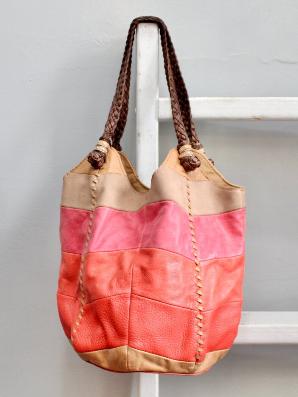 The Sak Indio Leather Patchwork Shoulder Bag Tan Pink Orange Bucket Hobo Tote